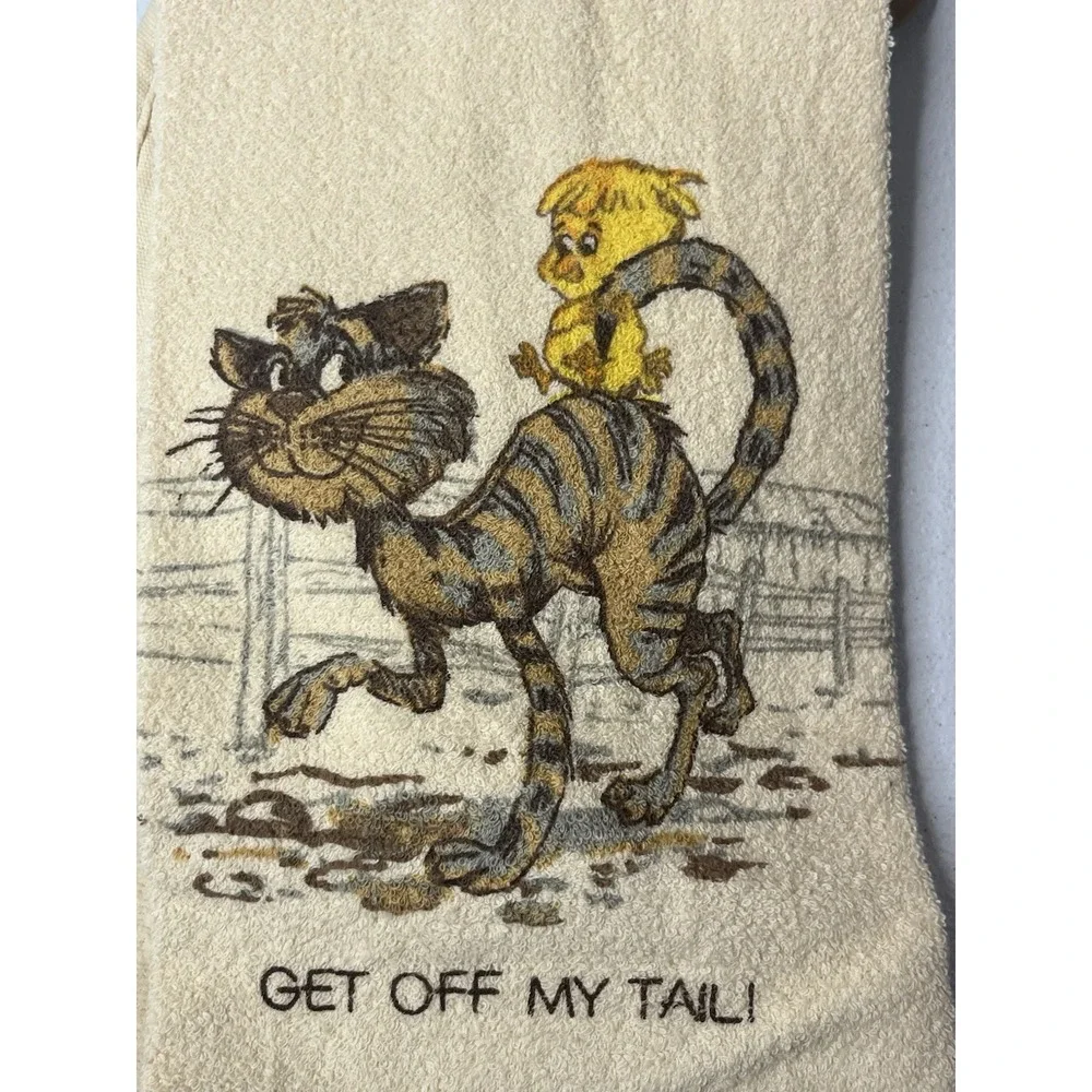 Vtg 3 Piece Kitchen Towel Set Cat Bird MCM‎ Pot Holder Dish Cloth Gibson Humor